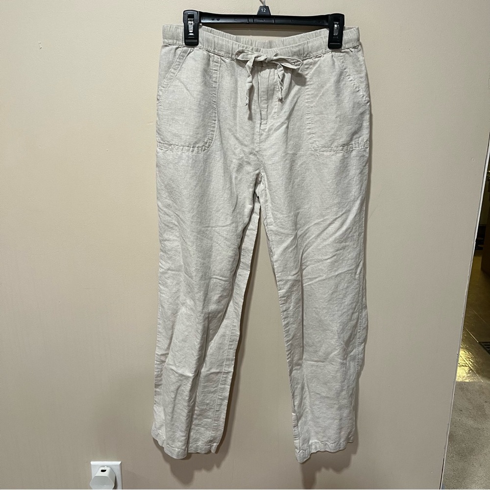 Light Beige Drawstring Linen Blend Pants